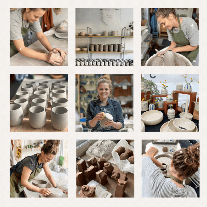 Collage of 9 images of pottery and potter, Sara a white woman at work in her pottery studio