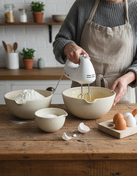 Three cream speckled ceramic pantry bowls with glossy glaze on a wooden butcher block counter, holding cream, flour, and butter being mixed by a woman in a farmhouse kitchen.
