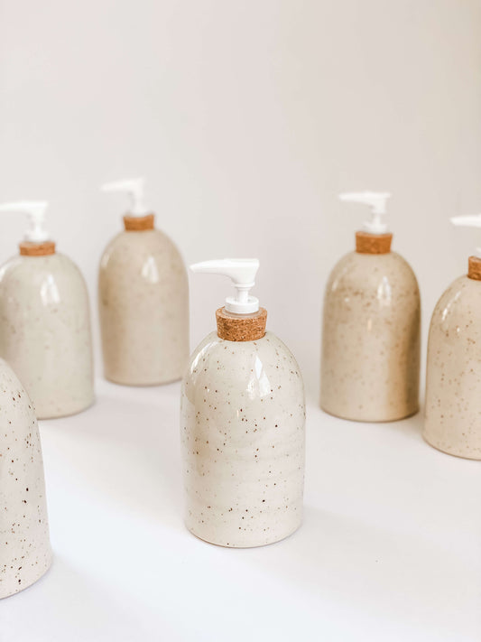 Speckled stoneware pottery soap pumps with a cork sleeve