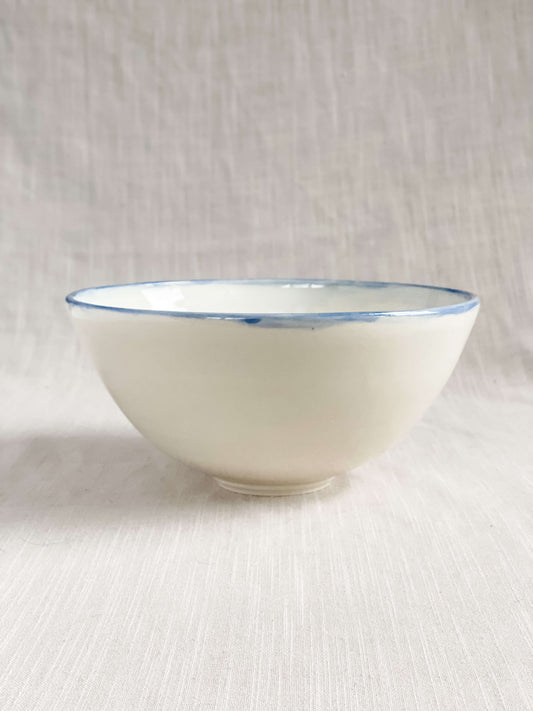 White Porcelain Serving Bowl with Blue Rim