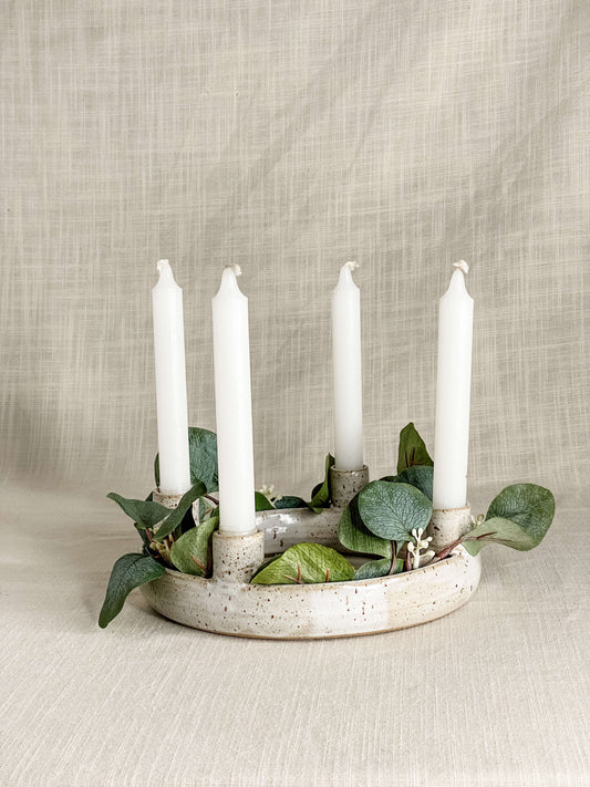 Advent Wreath Candle Holder Speckled Stoneware in Satin White Glaze