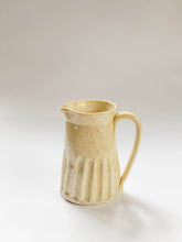 Load image into Gallery viewer, Wheel thrown, hand carved yellow speckled pitcher 